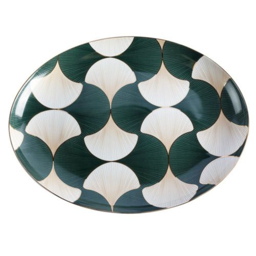 Travessa Oval Rasa de Porcelana Folhas de Gingko