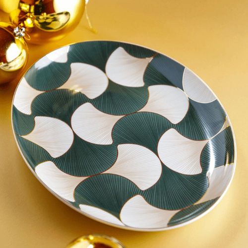 Travessa Oval Rasa de Porcelana Folhas de Gingko